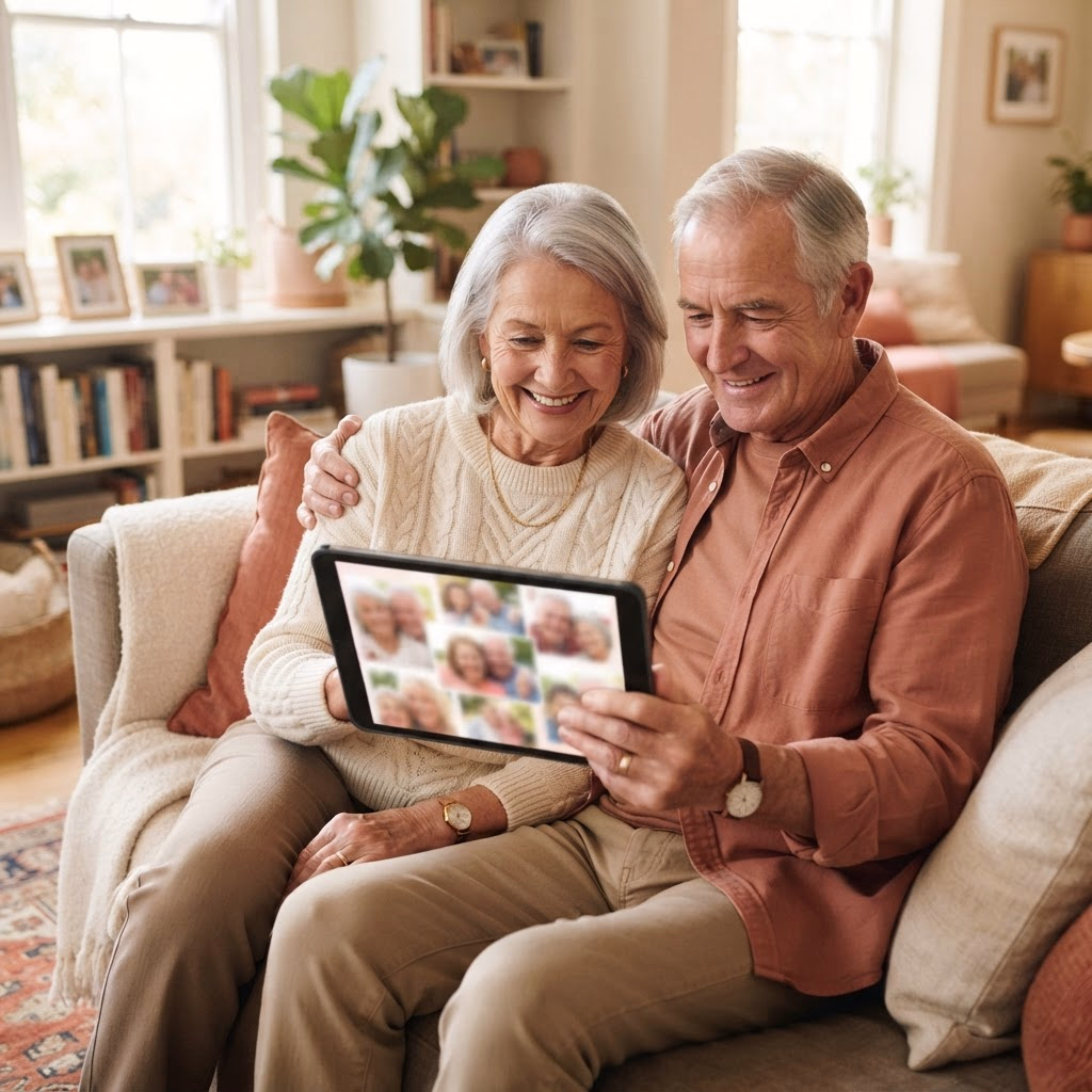 Grandparents looking through family memories